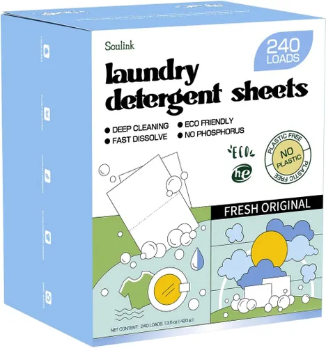 Vista 9 de Soulink Hojas de detergente para ropa con aroma a ropa recién lavada 240 cargas, tiras de detergente ecológicas para viajes y hogar - Sin envases