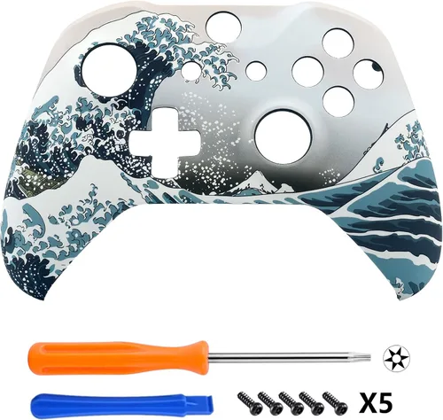 Vista 3 de eXtremeRate - Paquete de carcasa frontal para mando de Microsoft Xbox One S y Xbox One X, con destornillador., The Great Wave