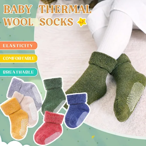 Vista 6 de 6 pares de calcetines antideslizantes para bebés y niñas, calcetines cálidos con agarres para niños pequeños, de lana gruesa y suave, para invierno