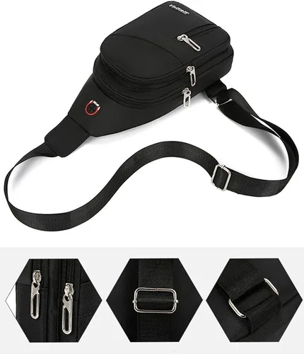 Vista 4 de Yerchic Bolsa pequeña para hombre bandolera de una correa casual con agujero para auriculares para viajes deportes al aire libre Negro S Tendencia