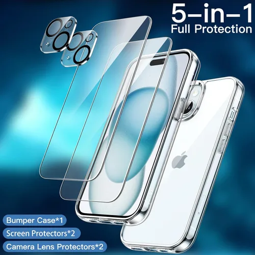 Vista 3 de JETech Funda 5 en 1 para iPhone 15 de 6.1 pulgadas con 2 protectores de pantalla de vidrio templado y protector de lente de cámara, no se pone