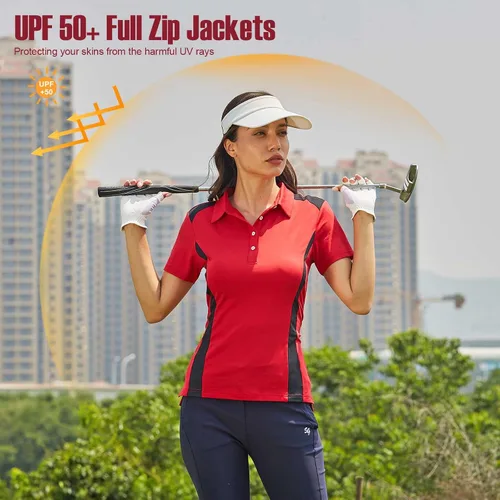 Vista 5 de Popologa Camisa polo de golf para mujer, ligera, absorbe la humedad, de secado rápido, con protección solar UPF 50+