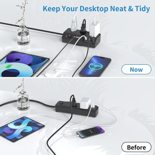 Vista 5 de JXGUCAT - Regleta de alimentación con abrazadera de escritorio de 10 pies con PD de 20 W de carga rápida USB C, protector de sobretensiones de Negro