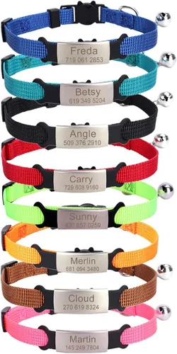 Vista 4 de Collares de gato personalizados, nombre grabado personalizado y etiqueta de identificación de teléfono, collar ajustable para mascotas suave y Negro