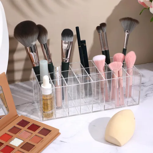 Vista 3 de FOMIYES Soporte para lápiz labial de 24 ranuras, organizador de maquillaje acrílico transparente para encimera, tocador y baño, estante