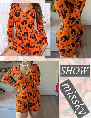 Vista 2 de Disfraz de Halloween para mujer, divertido traje de manga larga con cuello en V, bodycon, pantalones cortos, calabaza, gato, traje de gato