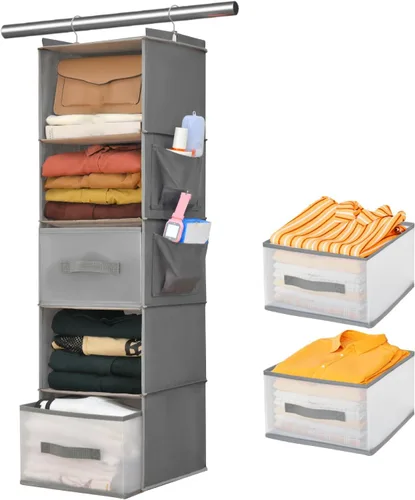 Vista 10 de Organizador de estante de tela suspendido de 5 capas, equipado con 2 ganchos resistentes, 2 cajones separados y almacenamiento colgante plegable