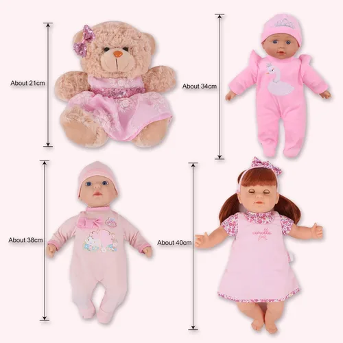 Vista 6 de Muñeca de bebé suave de 13 pulgadas con mochila de muñeca rosa para llevar, juego de 6 piezas con botella y accesorios (rosa)
