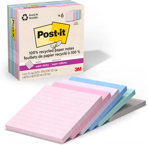 Vista 10 de Post-it - Notas superadhesivas de papel 100% reciclado, forradas, 4 pulgadas x 4 pulgadas, 6 blocs, 70 hojas por bloc, colección Oasis, suministros
