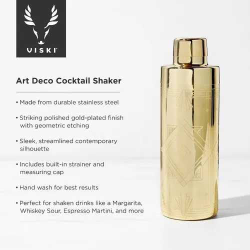 Vista 2 de Viski Art Deco - Coctelera de acero inoxidable grabada de 24 onzas con colador y acabado dorado