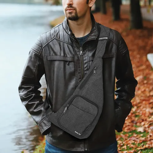 Vista 2 de Seoky Rop Bolso bandolera delgado para hombres y mujeres, ultrafino, con bolsillo personal, bolsa de hombro cruzada para viajes y correr, Gris