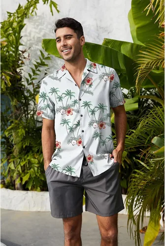 Vista 4 de Century Star Camisas hawaianas para hombre, diseño floral, casual, con botones, de manga corta, tropical, de verano, para hombre