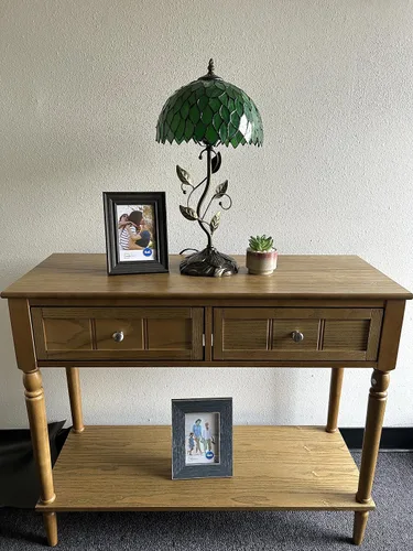 Vista 3 de Lámpara de mesa de vidrieras hojas verdes hojas de metal de hierro base de bronce incluida bombilla LED para sala de estar, dormitorio, mesita