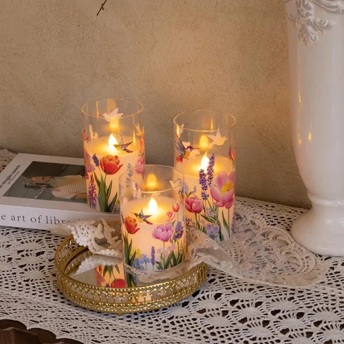 Vista 5 de JOIONE Hummingbird Flameless Glass Candles, 3 Pack Floral LED with Remote