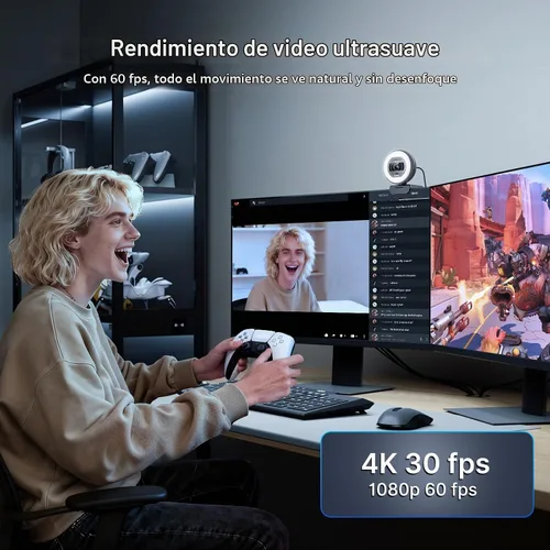 Vista 7 de NexiGo N930E Pro, cámara web 4K con luz de anillo, enfoque automático PDAF, 1080P @60FPS, micrófonos con doble cancelación de ruido, obturador
