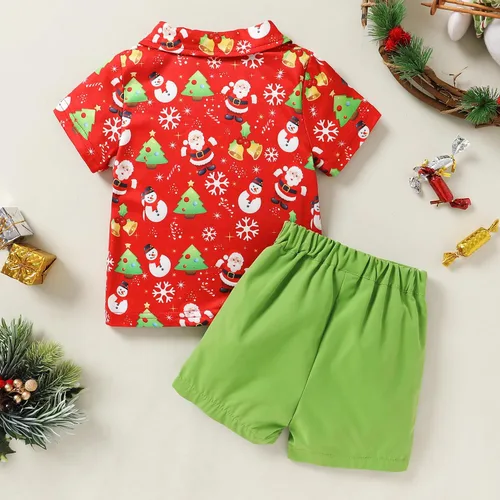 Vista 3 de JEELLIGULAR Conjunto de pantalones cortos y camisa con botones y estampado de Papá Noel para niños pequeños