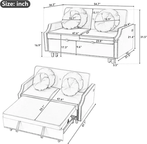 Vista 2 de Elegante sofá cama convertible de 54.7 pulgadas, sofá modular con cama extraíble con dos puertos USB y 4 almohadas, sofá biplaza para espacio