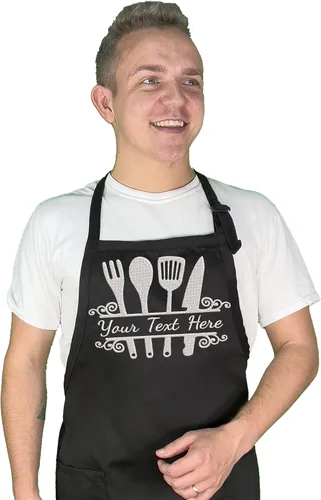 Vista 4 de Delantal de chef personalizado, delantal de cocina bordado personalizado para hombres y mujeres, delantal ajustable con 2 bolsillos para cocinar
