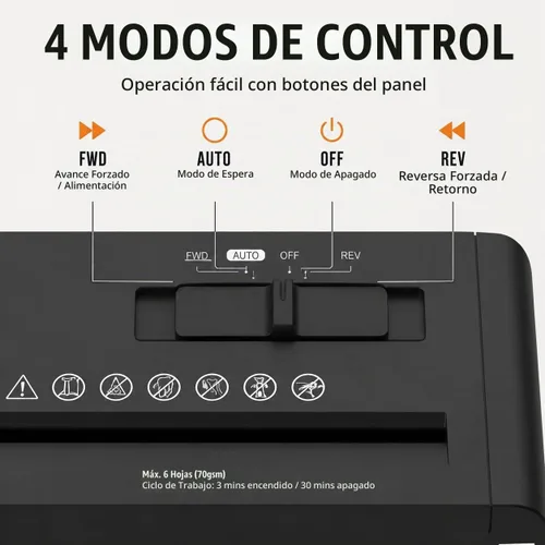 Vista 5 de Trituradora de papel compacta de corte en banda, capacidad de 6 hojas, nivel de seguridad P-1, funcionamiento continuo de 3 minutos, 4 modos