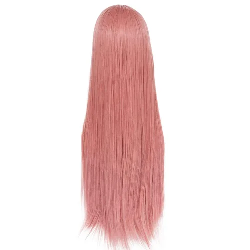 Vista 4 de Ebingoo Peluca rosa de 32 pulgadas de largo con flequillo para mujer + gorra de peluca larga y recta rosa, peluca de anime rosa con flequillo