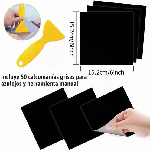 Vista 3 de Adhesivos para azulejos, 50 unidades, autoadhesivas, de 6 x 6 pulgadas, impermeable, a prueba de aceite, extraíble para decoración del hogar de Negro