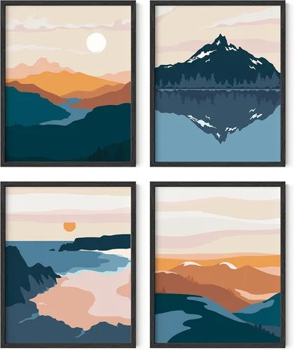 Vista 26 de HAUS AND HUES Arte de pared de montaña – Juego de 4 decoración de paisaje moderno de mediados de siglo, naturaleza y arte moderno Marco beige de 8