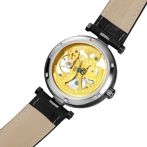Vista 3 de Reloj esqueleto de pulsera automático estilo steampunk, manecillas luminosas de tono dorado, correa de cuero