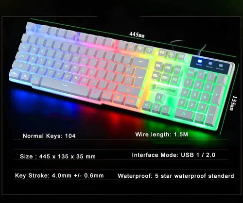 Vista 2 de Teclado y mouse para juegos con cable 4 en 1 teclado retroiluminado LED arcoíris mouse óptico de 6 botones de 2400 DPI auriculares para juegos de PC