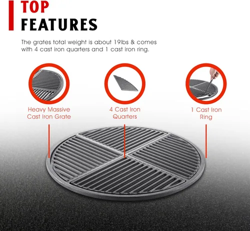 Vista 3 de Rejilla de hierro fundido pretemperada modular Craycort, se adapta a parrillas de hervidor de 22.5" como Weber y SnS Grills. Rejilla resistente