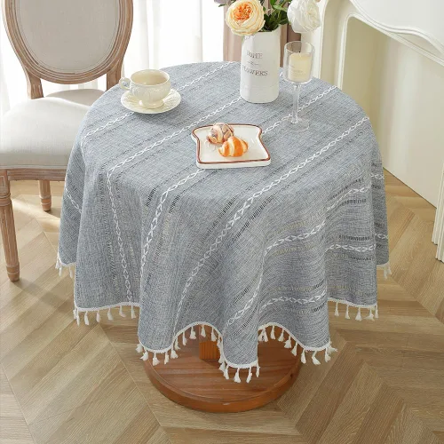 Vista 16 de meioro Mantel rústico, mantel rectangular de algodón texturizado de lino con borla, mantel de tela resistente para granja con bordado de rayas