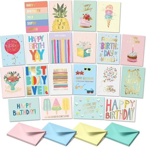 Vista 11 de Sweetzer & Orange Tarjetas de feliz cumpleaños con sobres y caja surtida. Juego variado de 20 tarjetas de cumpleaños surtidas con sobres, paquete a