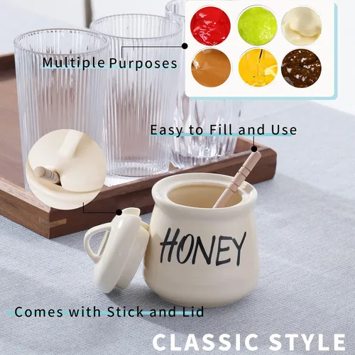 Vista 2 de Tarro de miel de porcelana con tapa y cuchara de miel 12oz (beige)