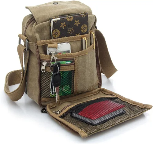 Vista 4 de Bolso bandolera pequeño multiusos de lona para hombre, bolso cruzado casual, bolso de hombro cruzado, bolso organizador de viaje