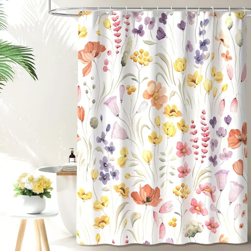 Vista 11 de QiyI Cortina de ducha floral de acuarela, cortina de baño de primavera con estampado de flores, decoración del hogar, lavable a máquina, cortina
