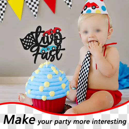 Vista 5 de Decoración para pastel de carreras con diseño de dos diseños de fiesta de cumpleaños para niños y niñas, 2º segundo, dos cumpleaños