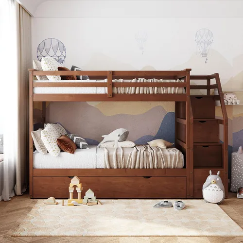 Vista 3 de Harper & Bright Designs Litera individual sobre cama individual con nido, marco de cama individual de madera sobre cama con cajones