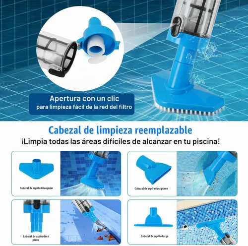 Vista 4 de Aspiradora de piscina de mano para piscina sobre el suelo, 4 cepillos y 100 minutos de tiempo de funcionamiento