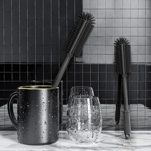 Vista 6 de Cepillo de limpieza de botellas de silicona largo Paquete de 2 Cepillo limpiador de botellas de agua de 16 + 13 pulgadas para Hydro Flask Negro