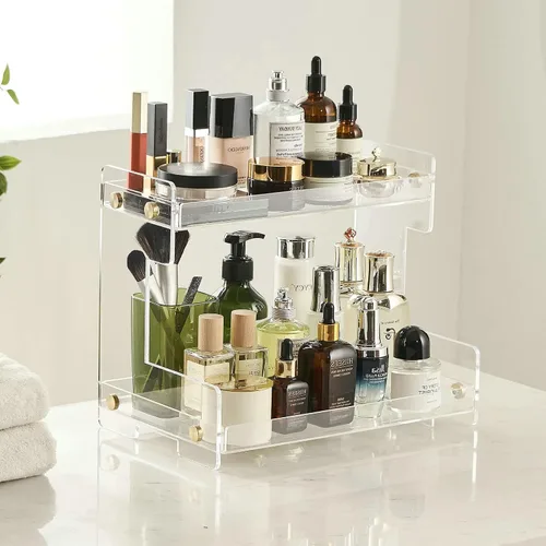 Vista 7 de SHUNLI Organizador de acrílico para encimera de baño, estante de almacenamiento de 2 niveles, organizador de baño, soporte de cosméticos