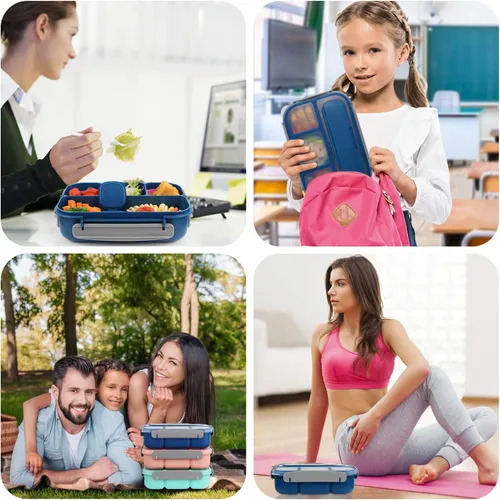 Vista 7 de MaMix Lonchera Bento para adultos, lonchera para niños, contenedores de almuerzo para adultos, niños, estudiantes, 44.0 fl oz, 4 compartimentos Azul