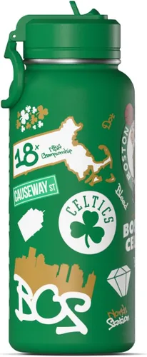 Vista 5 de Hydrapeak Botella de agua aislada de 32 onzas con licencia oficial de la NBA Boston Celtics, celebrando la ciudad de Boston, tapa de popote y asa