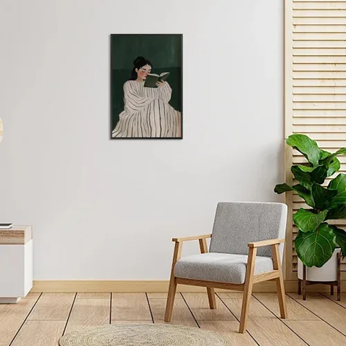 Vista 4 de Póster de libro de lectura de mujer vintage, verde esmeralda, arte de pared, abstracto, moderno, femenino, estético, impresiones, pintura para sala