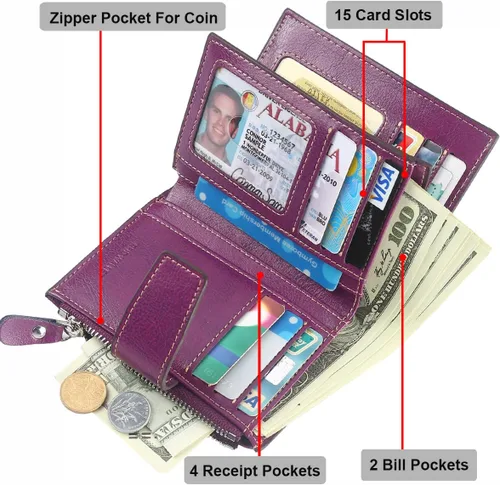 Vista 4 de Lavemi Pequeña cartera compacta para mujer, con bloqueo RFID, de piel auténtica, plegable, con ventanas de identificación