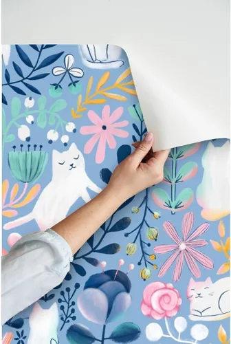 Vista 3 de Spoonflower Papel tapiz para despegar y pegar, papel tapiz extraíble personalizado de gatos de primavera con diseño de gatos florales