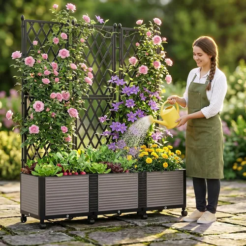 Vista 9 de DoCred Jardinera elevada de 63 pulgadas de alto con enrejado, maceta vertical para horticultura, jaula de tomate con ruedas para plantas trepadoras