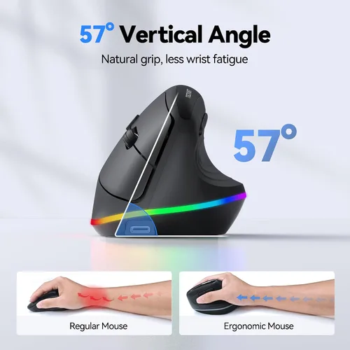 Vista 2 de TECKNET Ratón ergonómico inalámbrico recargable RGB – USB + Bluetooth Multi-dispositivo LED Vertical Mouse con 11 modos de retroiluminación RGB