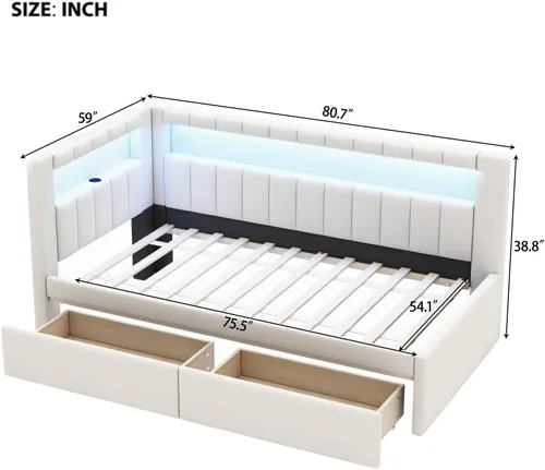 Vista 2 de Sofá cama tapizado de tamaño individual con puertos USB y luces LED, cama esquinera con 2 cajones y cabecera en forma de L, cama esquinera suave