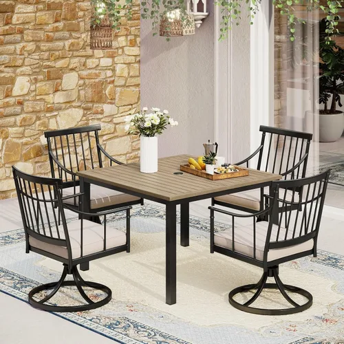 Vista 14 de MFSTUDIO Juego de comedor de 5 piezas de metal para patio, juego de muebles para exteriores con 1 mesa cuadrada de madera y 6 sillas de respaldo
