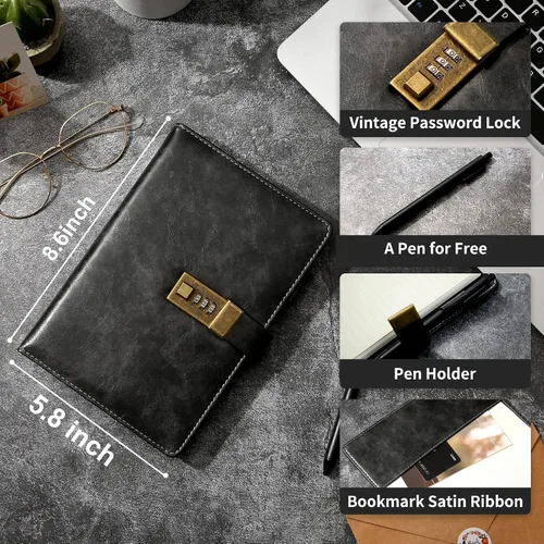 Vista 2 de CAGIE Diario con candado para hombre, recargable, 192 páginas forradas, diario bloqueado con bolígrafo, diario A5 con cerradura para escribir regalo