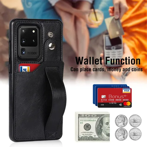 Vista 4 de Funda para teléfono Samsung Galaxy S20 Ultra 5G con protector de pantalla, correa de muñeca ajustable, atril, ranura para tarjetas de crédito